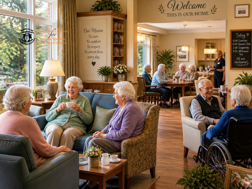 Bright residential aged care lounge with comfortable seating and accessible communal spaces