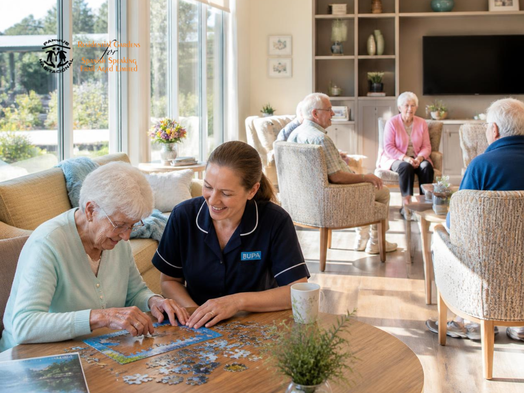 Older aged care residents enjoying a group activity in a residential care lounge